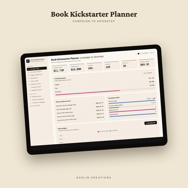 Book Kickstarter Planner — Crowdfunding Campaign Dashboard for Authors, Stretch Goal Ladder, Backer Survey Log & Fulfillment Cost Tracker image 5