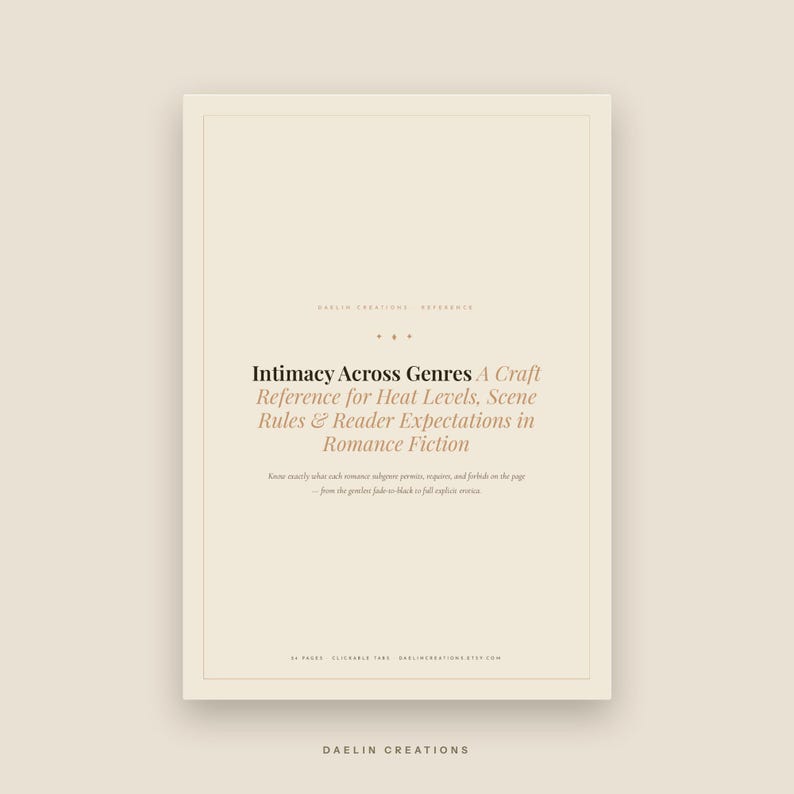 Peut inclure: Un guide de r&eacute;f&eacute;rence beige intitul&eacute; Intimacy Across Genres: A Craft Reference for Heat Levels, Scene Rules & Reader Expectations in Romance Fiction. Le document contient du texte sur les sous-genres de romance et l'&eacute;rotisme explicite.