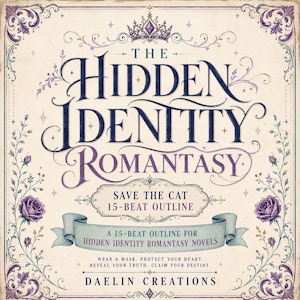 Pode incluir: Um gr&aacute;fico quadrado com o texto THE HIDDEN IDENTITY ROMANTASY, SAVE THE CAT 15-BEAT OUTLINE, A 15-BEAT OUTLINE FOR HIDDEN IDENTITY ROMANTASY NOVELS, WEAR A MASK. PROTECT YOUR HEART. REVEAL YOUR TRUTH. CLAIM YOUR DESTINY. DAELIN CREATIONS.