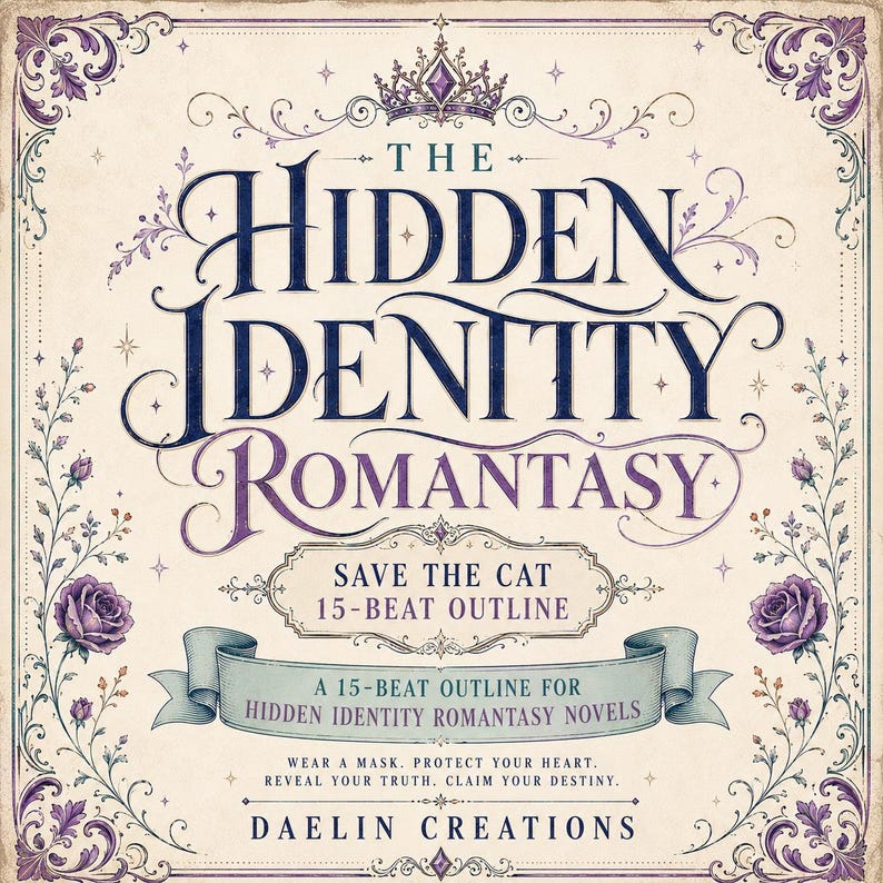 Pode incluir: Um gr&aacute;fico quadrado com o texto THE HIDDEN IDENTITY ROMANTASY, SAVE THE CAT 15-BEAT OUTLINE, A 15-BEAT OUTLINE FOR HIDDEN IDENTITY ROMANTASY NOVELS, WEAR A MASK. PROTECT YOUR HEART. REVEAL YOUR TRUTH. CLAIM YOUR DESTINY. DAELIN CREATIONS.
