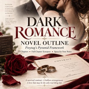 May include: A digital book cover titled Dark Romance Novel Outline featuring a couple, a red rose, two metal rings, and a contract document. The text includes DANGER, LONGING, SURVIVAL, INTIMACY, ALWAYS, and Freytag’s Pyramid Framework with 25 chapters.