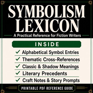 May include: A black and cream reference guide titled SYMBOLISM LEXICON: A Practical Reference for Fiction Writers. It lists features including Alphabetical Symbol Entries, Thematic Cross-References, Classic & Shadow Meanings, Literary Precedents, and Craft Notes & Story Prompts, noting it is a Printable PDF Reference Guide.