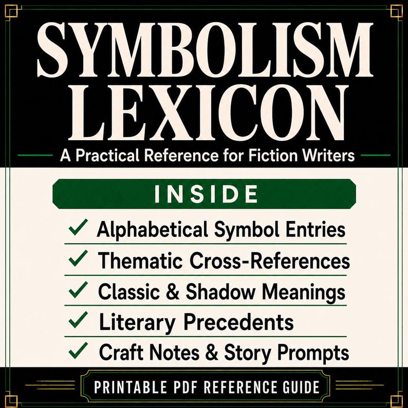 May include: A black and cream reference guide titled SYMBOLISM LEXICON: A Practical Reference for Fiction Writers. It lists features including Alphabetical Symbol Entries, Thematic Cross-References, Classic & Shadow Meanings, Literary Precedents, and Craft Notes & Story Prompts, noting it is a Printable PDF Reference Guide.