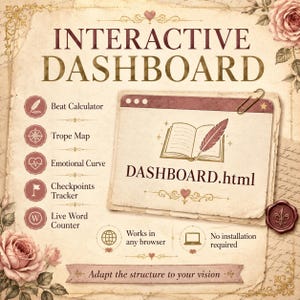 Op de afbeelding: Een interactief dashboard digitaal hulpmiddel met een vintage esthetiek en florale accenten. De tekst luidt INTERACTIVE DASHBOARD, DASHBOARD.html, Beat Calculator, Trope Map, Emotional Curve, Checkpoints Tracker, Live Word Counter, Works in any browser, No installation required en Adapt the structure to your vision.
