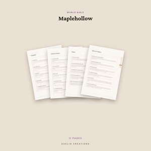 K&ouml;nnte beinhalten: Ein Set aus elf Seiten mit dem Titel World Bible Maplehollow von Daelin Creations. Das Dokument besteht aus vier &uuml;berlappenden wei&szlig;en Bl&auml;ttern mit schwarzem Text, unterteilt in Abschnitte wie Geography, Features of Nature, History und Objects of Artifacts.