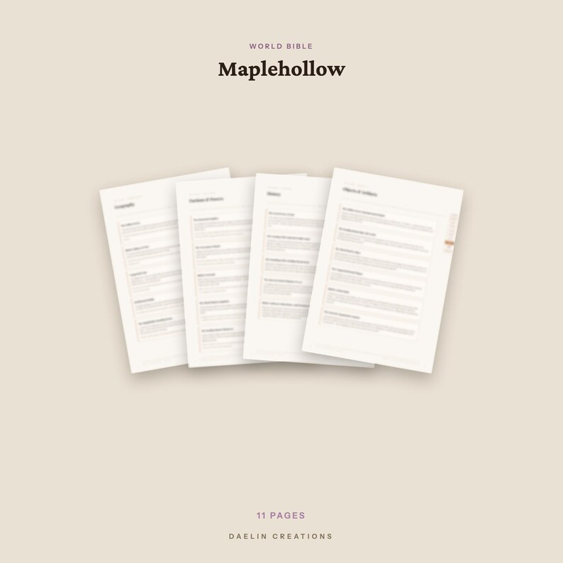 K&ouml;nnte beinhalten: Ein Set aus elf Seiten mit dem Titel World Bible Maplehollow von Daelin Creations. Das Dokument besteht aus vier &uuml;berlappenden wei&szlig;en Bl&auml;ttern mit schwarzem Text, unterteilt in Abschnitte wie Geography, Features of Nature, History und Objects of Artifacts.