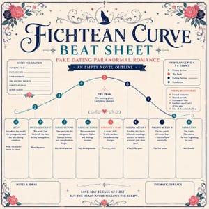 May include: A Fichtean Curve beat sheet for a fake dating paranormal romance novel outline. The cream-colored chart features a dark blue curve with eight numbered points, floral borders, a wolf icon, and sections for story foundation and tropes.