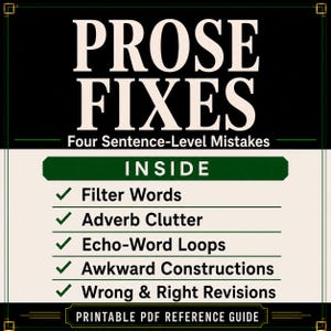 May include: A rectangular graphic with a black background and cream-colored text reading PROSE FIXES Four Sentence-Level Mistakes. Below, a green banner reads INSIDE, followed by a list of five items with green checkmarks: Filter Words, Adverb Clutter, Echo-Word Loops, Awkward Constructions, and Wrong & Right Revisions. A final banner at the bottom reads PRINTABLE PDF REFERENCE GUIDE.