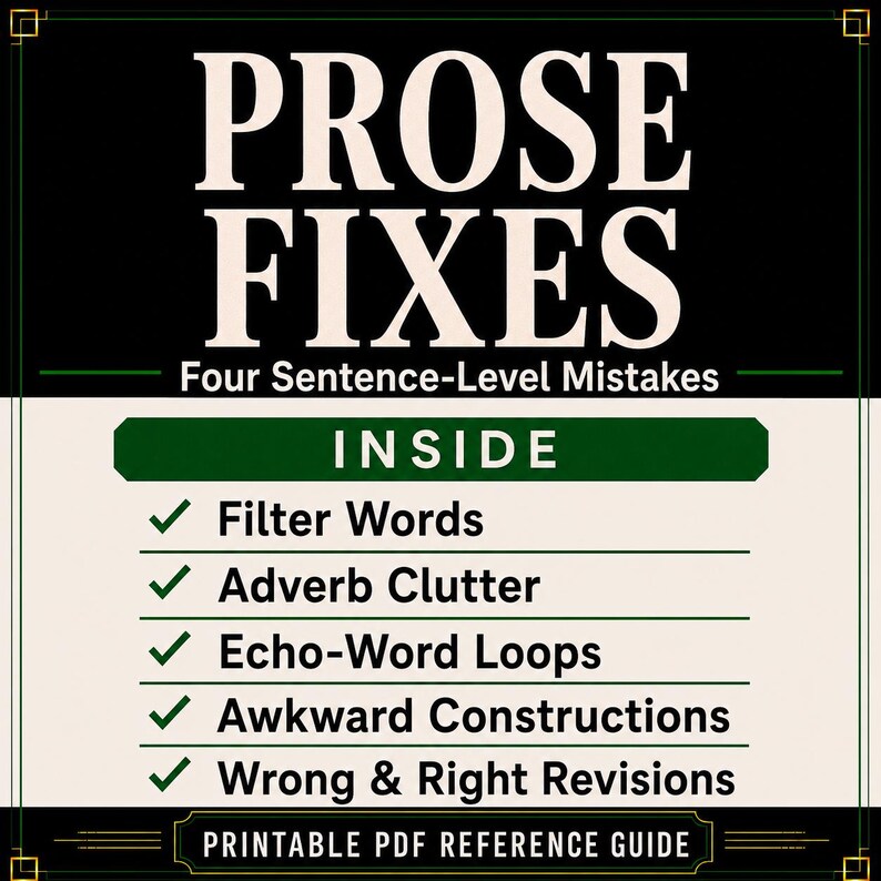 May include: A rectangular graphic with a black background and cream-colored text reading PROSE FIXES Four Sentence-Level Mistakes. Below, a green banner reads INSIDE, followed by a list of five items with green checkmarks: Filter Words, Adverb Clutter, Echo-Word Loops, Awkward Constructions, and Wrong & Right Revisions. A final banner at the bottom reads PRINTABLE PDF REFERENCE GUIDE.