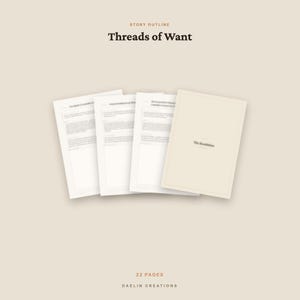 Op de afbeelding: Een digitaal verhaaloverzicht getiteld Threads of Want, bestaande uit 22 pagina's. De lay-out toont vier overlappende witte vellen papier met tekst, inclusief een voorpagina met de titel The Resolution, tegen een effen lichtbeige achtergrond.
