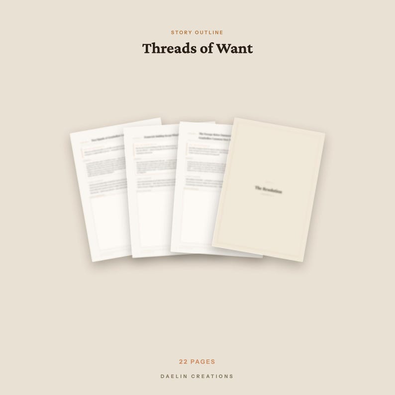 Op de afbeelding: Een digitaal verhaaloverzicht getiteld Threads of Want, bestaande uit 22 pagina's. De lay-out toont vier overlappende witte vellen papier met tekst, inclusief een voorpagina met de titel The Resolution, tegen een effen lichtbeige achtergrond.