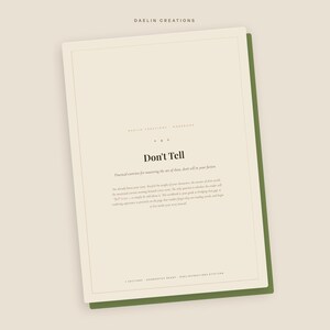 May include: A rectangular workbook titled Don't Tell with a cream-colored cover and dark green border. The text reads Daelin Creations, Don't Tell, Practical exercises for mastering the art of show, don't tell in your fiction, 7 sections, Goodnotes ready.