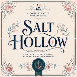 May include: A square book cover with a cream background, featuring the dark blue text SALT HOLLOW and A COMPLETE COZY WORLD BIBLE. It includes floral illustrations, a lighthouse icon, and a teal wax seal with a gold key and the text PDF.