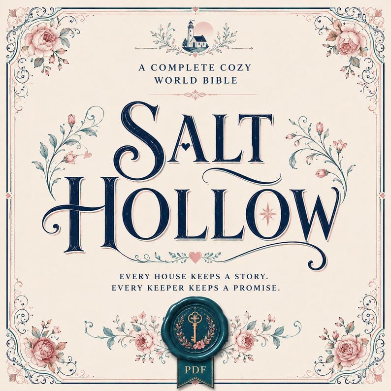 May include: A square book cover with a cream background, featuring the dark blue text SALT HOLLOW and A COMPLETE COZY WORLD BIBLE. It includes floral illustrations, a lighthouse icon, and a teal wax seal with a gold key and the text PDF.