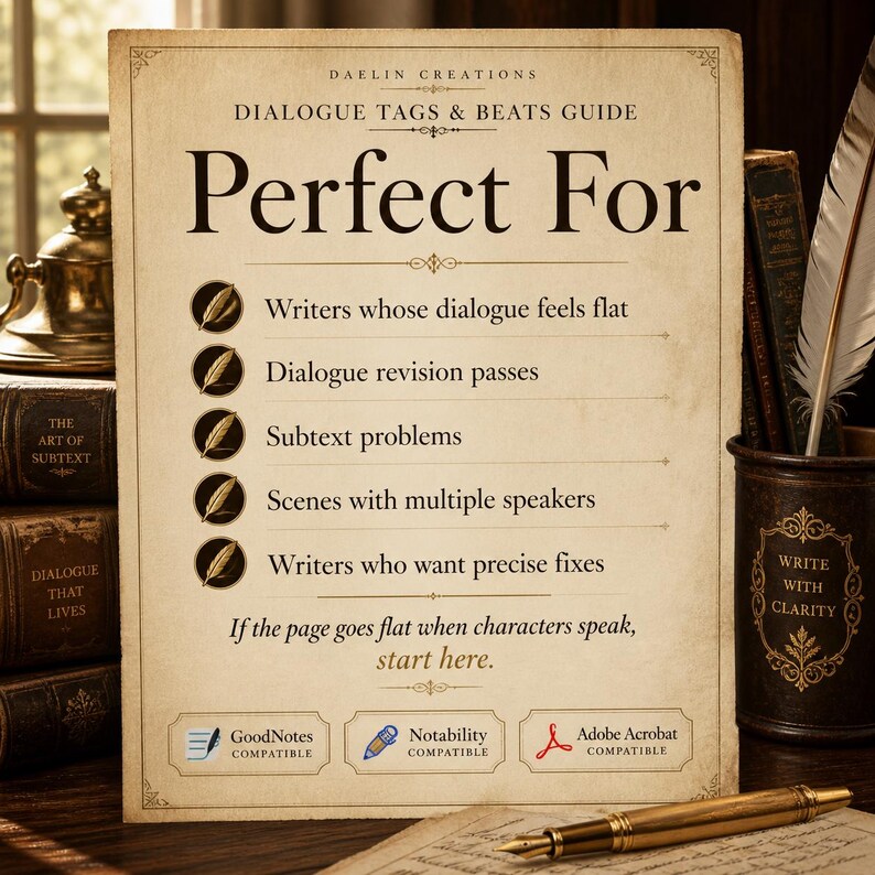 May include: A beige informational guide titled Daelin Creations Dialogue Tags & Beats Guide. It lists uses for writers, including dialogue revision and subtext problems, with feather icons. It notes compatibility with GoodNotes, Notability, and Adobe Acrobat.