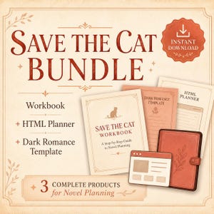 May include: A bundle of novel planning products with the text "SAVE THE CAT BUNDLE". Includes a workbook, HTML planner, and dark romance template. The image features a vintage aesthetic with a cat illustration and the words "Instant Download".