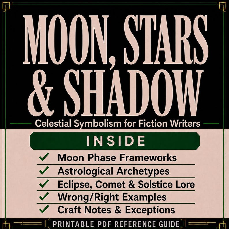 May include: A digital reference guide titled MOON, STARS & SHADOW: Celestial Symbolism for Fiction Writers. The text lists contents including Moon Phase Frameworks, Astrological Archetypes, Eclipse, Comet & Solstice Lore, Wrong/Right Examples, and Craft Notes & Exceptions.