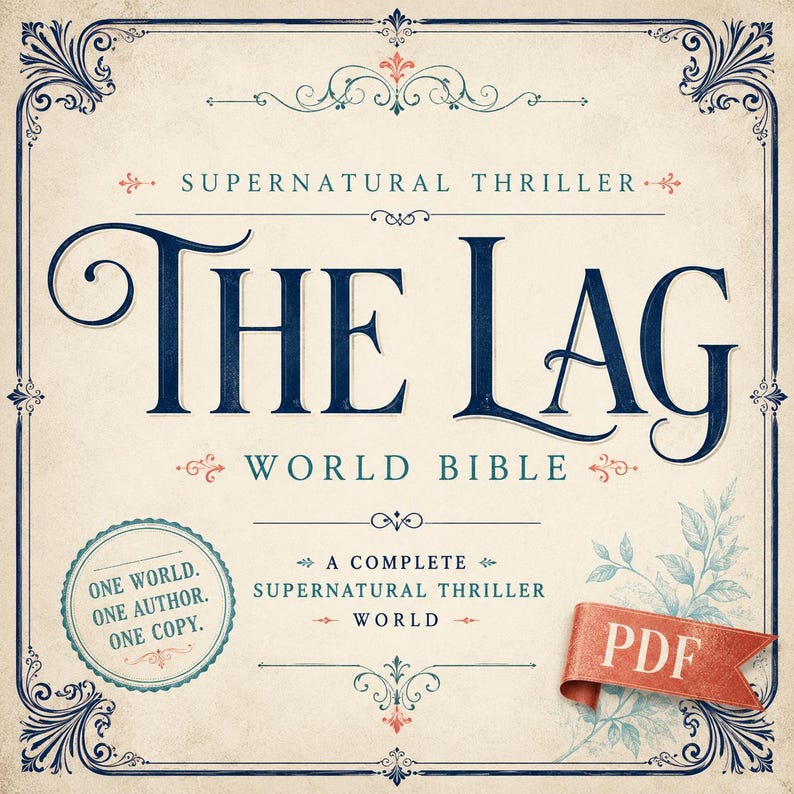 K&ouml;nnte beinhalten: Eine rechteckige Grafik mit cremefarbenem Hintergrund und dunkelblauem, verziertem Rand. Der Text lautet: SUPERNATURAL THRILLER THE LAG WORLD BIBLE. Ein kreisf&ouml;rmiges Siegel besagt: ONE WORLD. ONE AUTHOR. ONE COPY. Ein rotes Band zeigt: PDF.