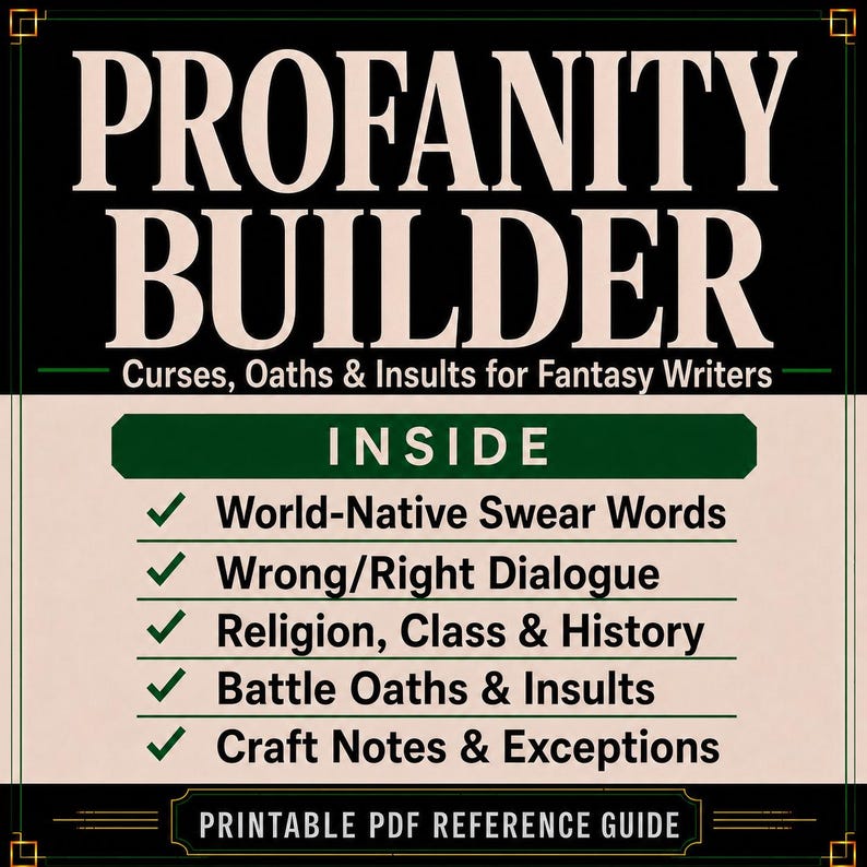 Puede incluir: Un gr&aacute;fico rectangular con el t&iacute;tulo PROFANITY BUILDER Curses, Oaths & Insults for Fantasy Writers. La lista incluye World-Native Swear Words, Wrong/Right Dialogue, Religion, Class & History, Battle Oaths & Insults y Craft Notes & Exceptions.