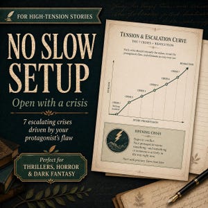 May include: A vintage-style guide for writers, with the text "NO SLOW SETUP" and a graph illustrating a tension and escalation curve. The guide is designed for thrillers, horror, and dark fantasy stories.