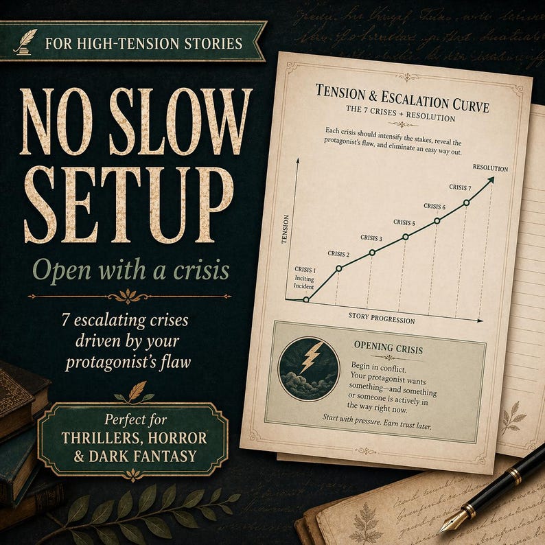 May include: A vintage-style guide for writers, featuring the text "NO SLOW SETUP" and a graph illustrating a tension and escalation curve. The guide is designed for thrillers, horror, and dark fantasy stories.