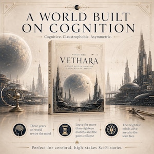 May include: A hardback book titled Vethara World Bible featuring a futuristic city and planet on the cover. The text reads A World Built On Cognition, A Story Built On Captivity, and includes three circular icons with text about mind rewiring, time, and freedom.