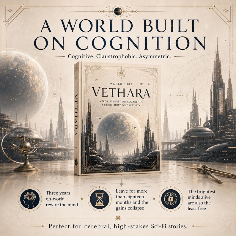 May include: A hardback book titled Vethara World Bible featuring a futuristic city and planet on the cover. The text reads A World Built On Cognition, A Story Built On Captivity, and includes three circular icons with text about mind rewiring, time, and freedom.
