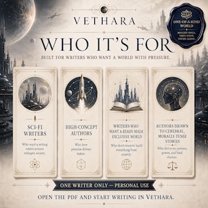 May include: A promotional graphic for Vethara featuring four vertical panels with illustrations of a futuristic city, a rocket, an open book, and a human profile. Text includes 'Who It's For', 'Built for writers who want a world with pressure', and 'One writer only'.