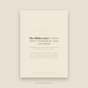 以下が含まれることがあります： ベージュ色のワークブック「The Hidden Layer A Fiction Writer's Workbook for Genre Conventions」。表紙にはダークブラウンのテキスト、中央揃えのレイアウト、フィクション作家がジャンルのルールを習得するための説明文が記載されています。