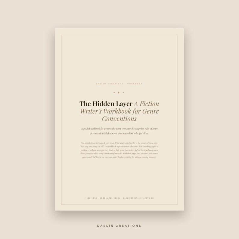 以下が含まれることがあります： ベージュ色のワークブック「The Hidden Layer A Fiction Writer's Workbook for Genre Conventions」。表紙にはダークブラウンのテキスト、中央揃えのレイアウト、フィクション作家がジャンルのルールを習得するための説明文が記載されています。