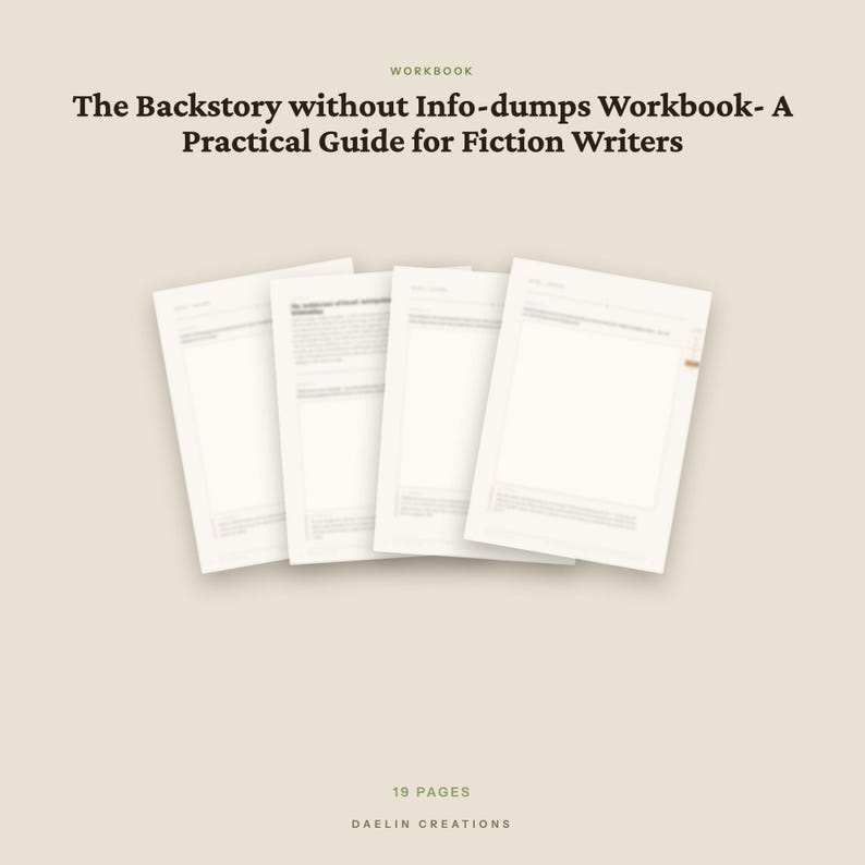 Pu&ograve; includere: Un quaderno di esercizi intitolato The Backstory without Info-dumps Workbook- A Practical Guide for Fiction Writers. Il documento &egrave; composto da 19 pagine, visualizzate come quattro fogli bianchi sovrapposti con testo scuro su sfondo beige chiaro.