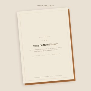 May include: A cream-colored digital planner cover titled Story Outline Planner by Daelin Creations. The text includes An annotatable beat-by-beat skeleton for the story only you can write, Fichtean Curve, Love Triangle, and Gothic Romance.