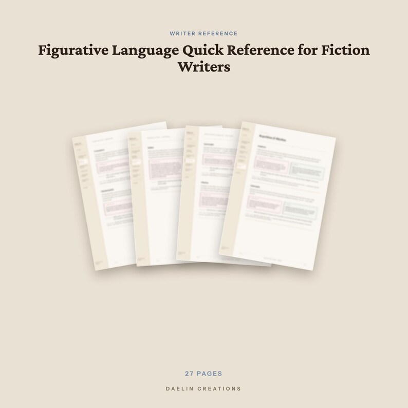 以下が含まれることがあります： 「Figurative Language Quick Reference for Fiction Writers」と題された4枚の白いページセット。整理されたテキストとセクションが特徴です。このドキュメントは全27ページで、下部にDaelin Creationsと記載されています。