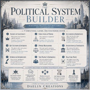 Pode incluir: Uma infografia quadrada intitulada The Political System Builder da Daelin Creations. Apresenta nove sec&ccedil;&otilde;es numeradas que detalham camadas estruturais como a fonte de legitimidade e sucess&atilde;o, al&eacute;m de cinco mini-guias.