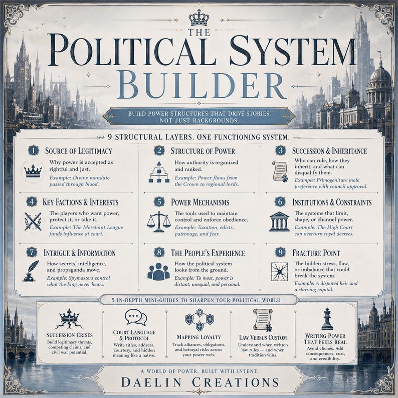 Pode incluir: Uma infografia quadrada intitulada The Political System Builder da Daelin Creations. Apresenta nove sec&ccedil;&otilde;es numeradas que detalham camadas estruturais como a fonte de legitimidade e sucess&atilde;o, al&eacute;m de cinco mini-guias.