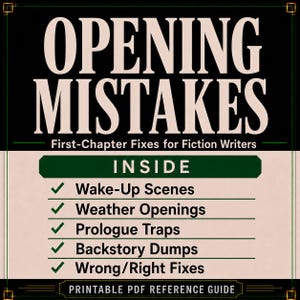 Peut inclure: Un guide de r&eacute;f&eacute;rence PDF imprimable intitul&eacute; OPENING MISTAKES: First-Chapter Fixes for Fiction Writers. Le document liste le contenu &agrave; l'int&eacute;rieur, notamment Wake-Up Scenes, Weather Openings, Prologue Traps, Backstory Dumps et Wrong/Right Fixes.