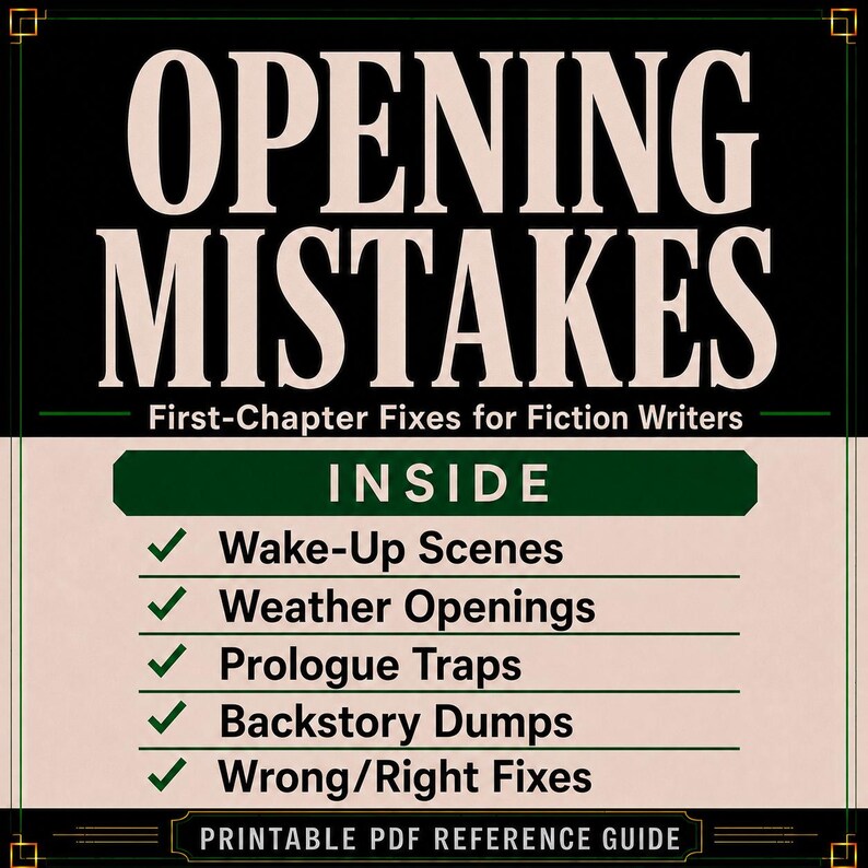 Peut inclure: Un guide de r&eacute;f&eacute;rence PDF imprimable intitul&eacute; OPENING MISTAKES: First-Chapter Fixes for Fiction Writers. Le document liste le contenu &agrave; l'int&eacute;rieur, notamment Wake-Up Scenes, Weather Openings, Prologue Traps, Backstory Dumps et Wrong/Right Fixes.