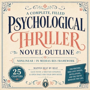 K&ouml;nnte beinhalten: Ein quadratisches Dokument mit dem Titel A COMPLETE, FILLED PSYCHOLOGICAL THRILLER NOVEL OUTLINE. Es enth&auml;lt ein NONLINEAR / IN MEDIAS RES FRAMEWORK, 25 CHAPTERS und eine Notiz f&uuml;r Autoren, die Wendungen, Enth&uuml;llungen und die Wahrheit lieben.