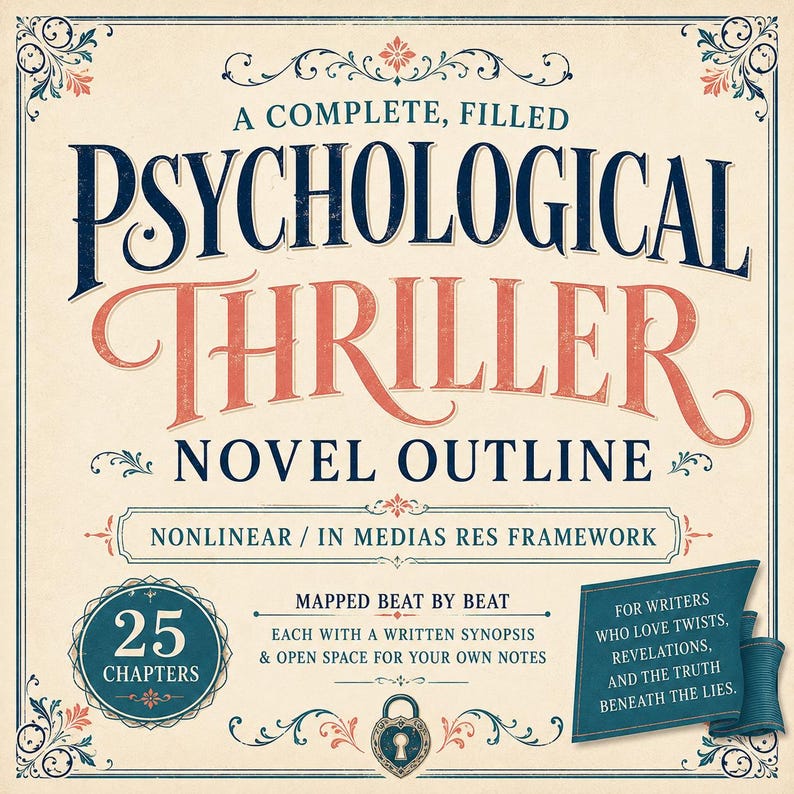 K&ouml;nnte beinhalten: Ein quadratisches Dokument mit dem Titel A COMPLETE, FILLED PSYCHOLOGICAL THRILLER NOVEL OUTLINE. Es enth&auml;lt ein NONLINEAR / IN MEDIAS RES FRAMEWORK, 25 CHAPTERS und eine Notiz f&uuml;r Autoren, die Wendungen, Enth&uuml;llungen und die Wahrheit lieben.