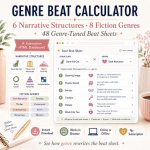 May include: The Genre Beat Calculator is an interactive HTML dashboard for writers. It features 6 narrative structures and 8 fiction genres to create 48 genre-tuned beat sheets. The interface displays a beat sheet with steps like Opening Image, Theme Stated, Set-Up, Catalyst, Debate, and Break Into Two, with icons for each. It includes options for instant download, browser use, and offline access.