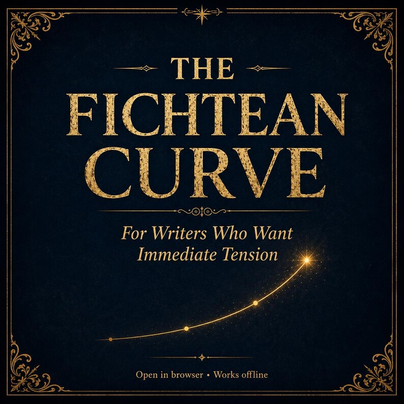 May include: A dark blue graphic with gold text that reads "THE FICHTEAN CURVE" and "For Writers Who Want Immediate Tension." A gold line with dots curves upward, and the text "Open in browser &bull; Works offline" is at the bottom.
