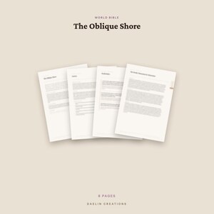 Pu&ograve; includere: Quattro fogli di carta bianca con testo stampato disposti a ventaglio. Il testo in alto recita WORLD BIBLE The Oblique Shore. Il testo in basso recita 8 PAGES DAELIN CREATIONS. I documenti presentano colonne di testo e titoli su sfondo chiaro.