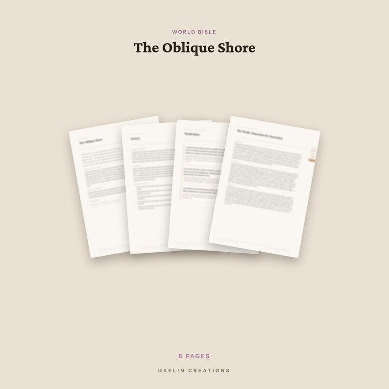 Pu&ograve; includere: Quattro fogli di carta bianca con testo stampato disposti a ventaglio. Il testo in alto recita WORLD BIBLE The Oblique Shore. Il testo in basso recita 8 PAGES DAELIN CREATIONS. I documenti presentano colonne di testo e titoli su sfondo chiaro.