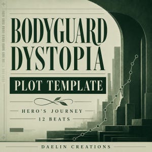 Könnte beinhalten: Ein quadratisches Grafikdesign mit dem dunkelgrünen Text BODYGUARD DYSTOPIA PLOT TEMPLATE, HERO'S JOURNEY 12 BEATS und DAELIN CREATIONS. Der Hintergrund zeigt ein stilisiertes dunkelgrünes Stadtbild mit einer Bogenstruktur und einem Liniendiagramm.