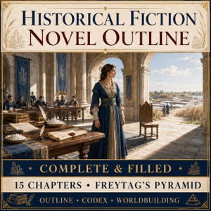May include: A digital document titled Historical Fiction Novel Outline featuring a central image of a person in a blue gown standing in a stone hall. The text includes Complete & Filled, 15 Chapters, Freytag's Pyramid, Outline, Codex, and Worldbuilding.