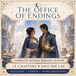 May include: A digital book cover titled THE OFFICE OF ENDINGS featuring a couple in blue and gold attire standing in a library. Text includes COMPLETE FANTASY ROMANCE OUTLINE, 15 CHAPTERS, SAVE THE CAT, and OUTLINE + CODEX + WORLDBUILDING.