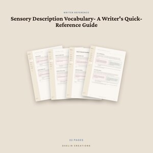 May include: A 22-page writer reference guide titled Sensory Description Vocabulary- A Writer's Quick-Reference Guide by Daelin Creations. The document features multiple white pages with dark text and structured columns, presented in a clean layout.