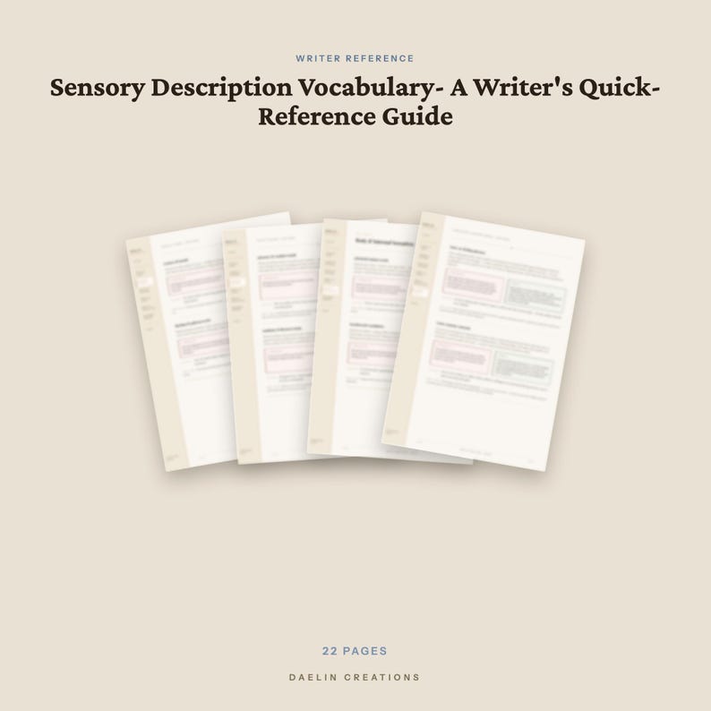 May include: A 22-page writer reference guide titled Sensory Description Vocabulary- A Writer's Quick-Reference Guide by Daelin Creations. The document features multiple white pages with dark text and structured columns, presented in a clean layout.