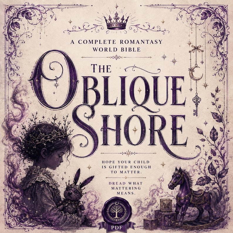 Pu&ograve; includere: Una copertina di libro intitolata The Oblique Shore, A Complete Romantasy World Bible. Raffigura una persona con corona, un coniglio di peluche, un cavallo a dondolo e un sigillo in ceralacca con un albero. Design viola su sfondo crema.