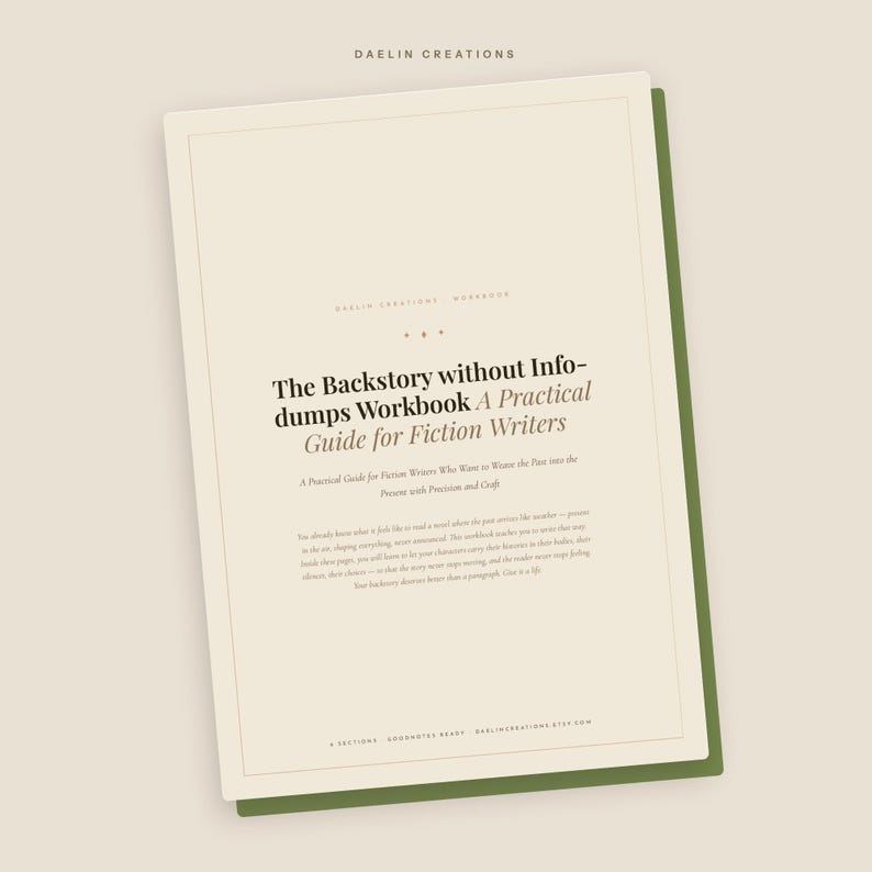 Pu&ograve; includere: Un quaderno di esercizi color crema intitolato The Backstory without Info-dumps Workbook A Practical Guide for Fiction Writers, con testo scuro su sfondo chiaro, un bordo sottile e un lato verde scuro visibile sulla destra.